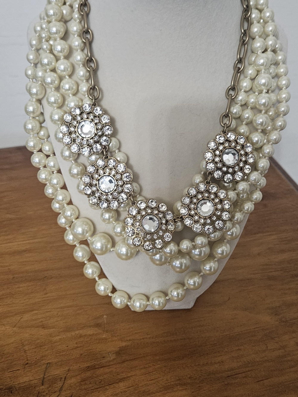 J. Crew Ivory Pearl Multi-Strand Necklace with Crystal Flower Medallions